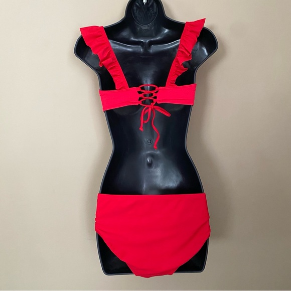 Solid Red Textured Ruffle Strap Bikini - Picture 3 of 9
